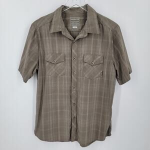 Merrell Shirt Mens Large Brown Gray Plaid Button Up Opti-wick UPF 30+ Outdoor